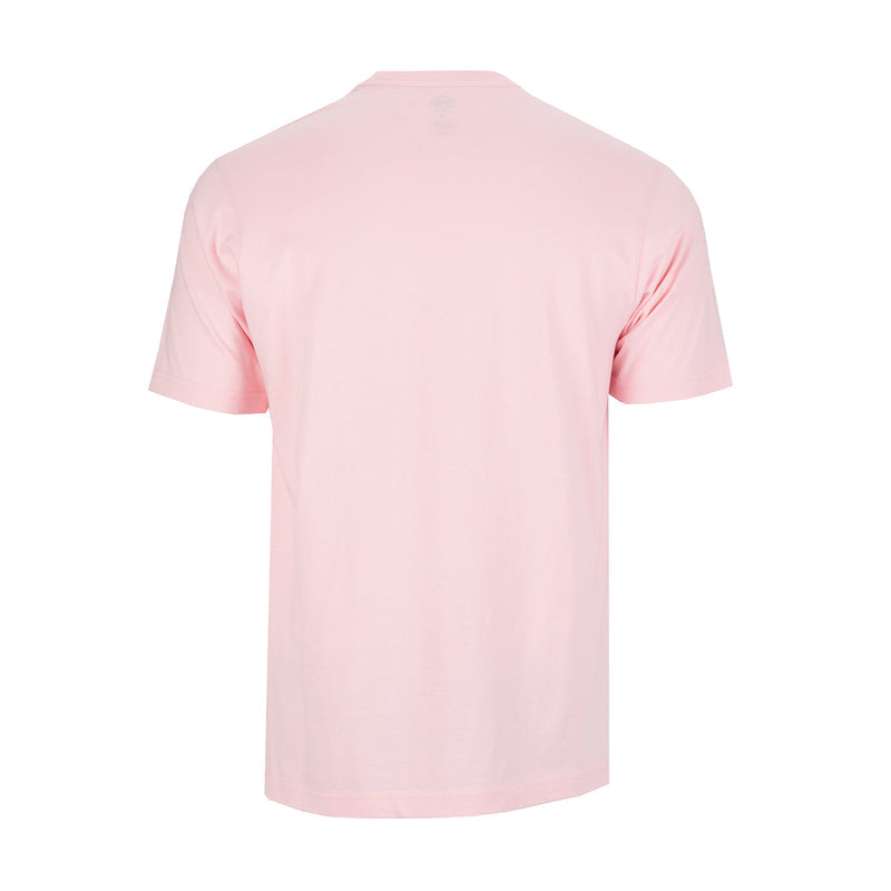Men's pink crew neck T-shirt, short sleeves, back view