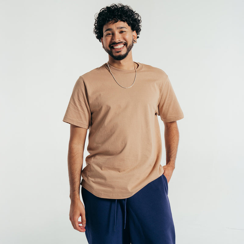 Men's hemp tan crew neck T-shirt, short sleeves and straight hem