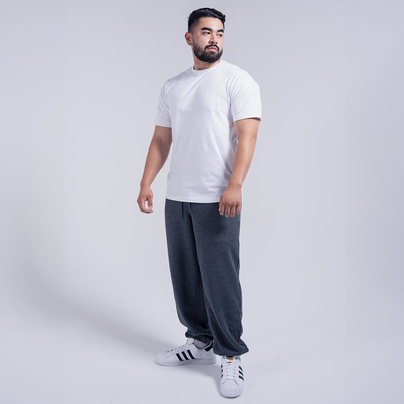 Men's white crew neck short-sleeve T-shirt on model, full body view