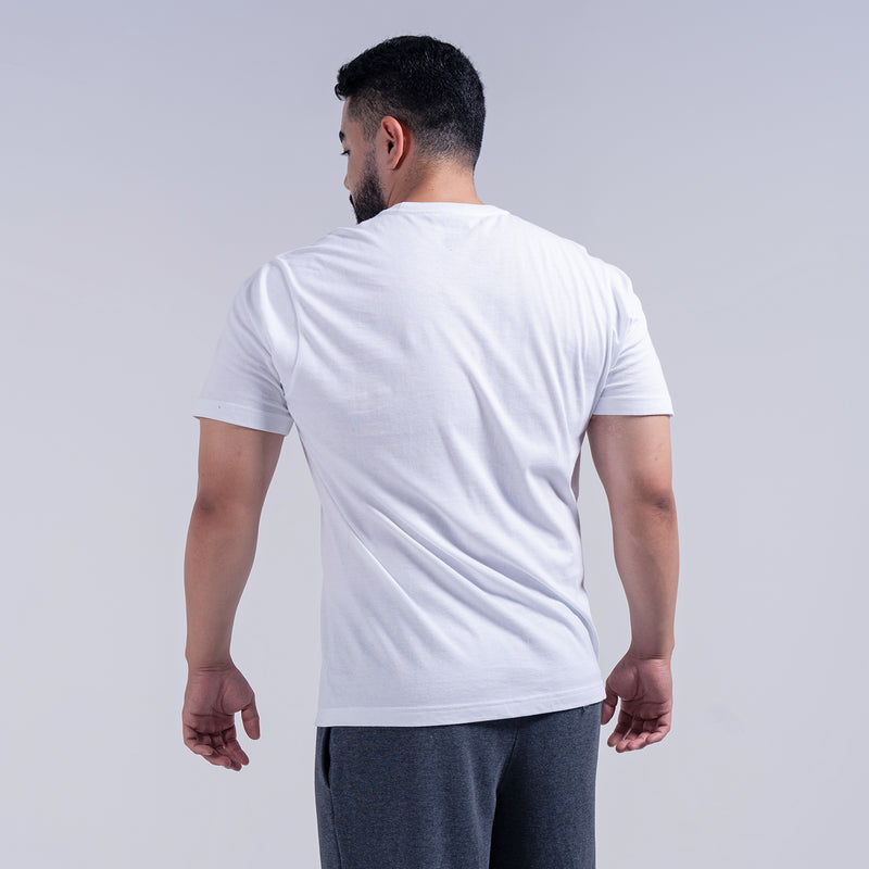 Men's white crew neck short-sleeve T-shirt on model, back view