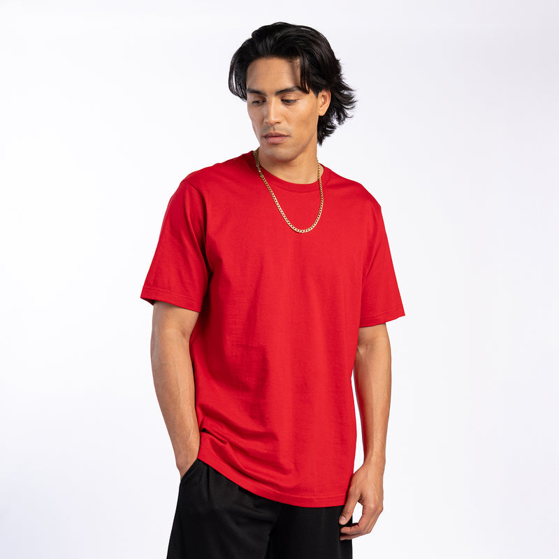 Red crew neck T-shirt, short sleeves, model side view