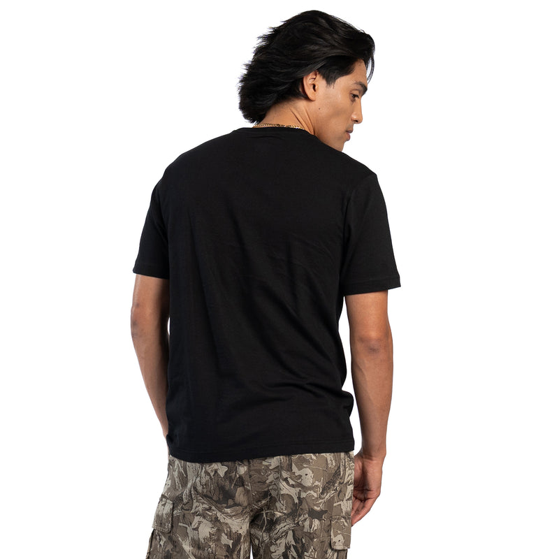 Men's black crew-neck short-sleeve T-shirt with visible back panel seams