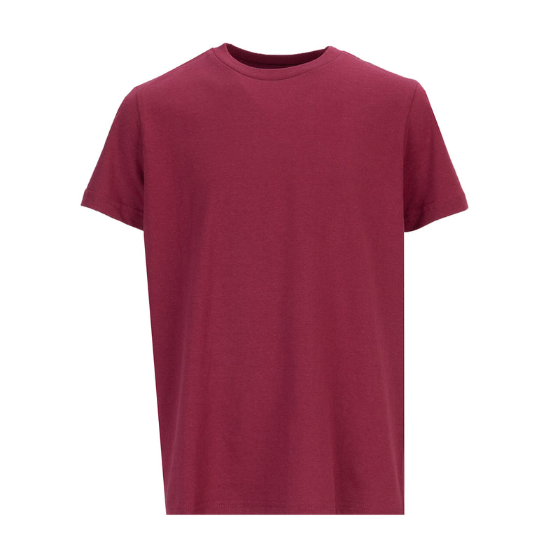Youth crew-neck T-shirt, short sleeves, rhododendrun maroon; front view.