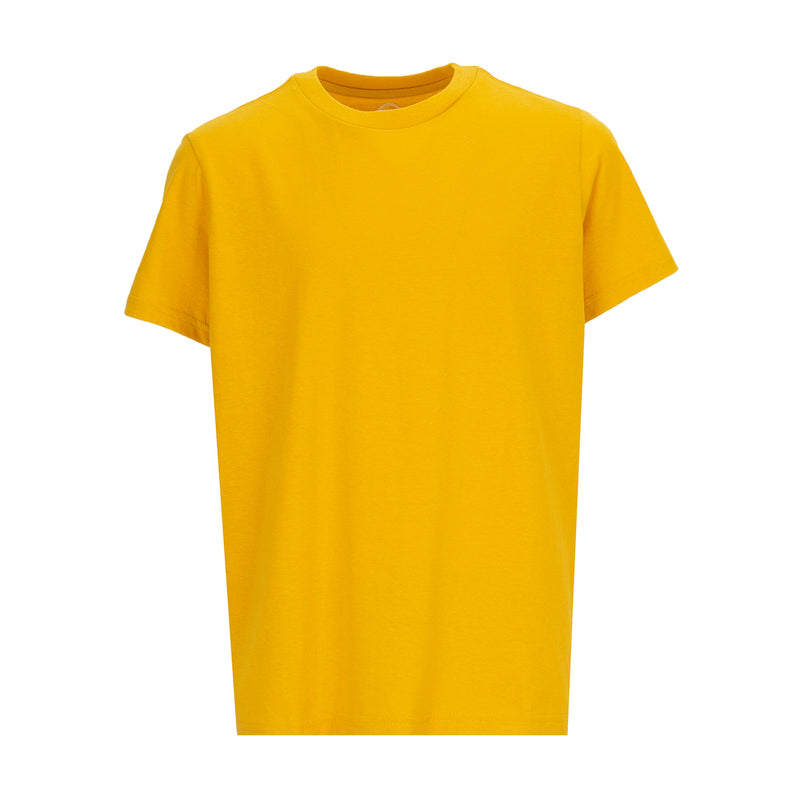 Youth crew neck T-shirt in golden yellow, short sleeves, front view