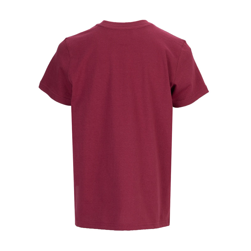 Youth crew-neck T-shirt, short sleeves, rhododendrun maroon; back view.