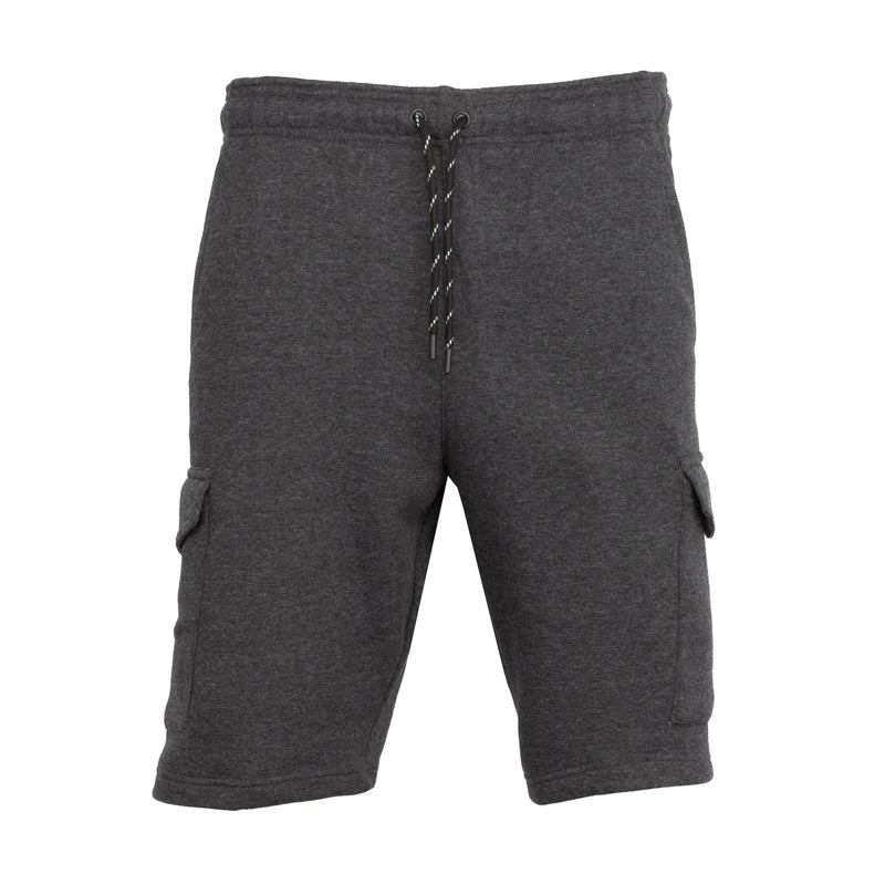 Men's charcoal heather fleece cargo shorts, front view with cargo side pockets