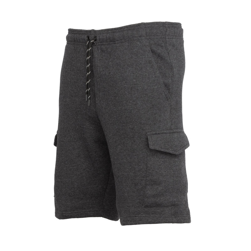Men's charcoal heather fleece cargo shorts, back view with cargo pocket