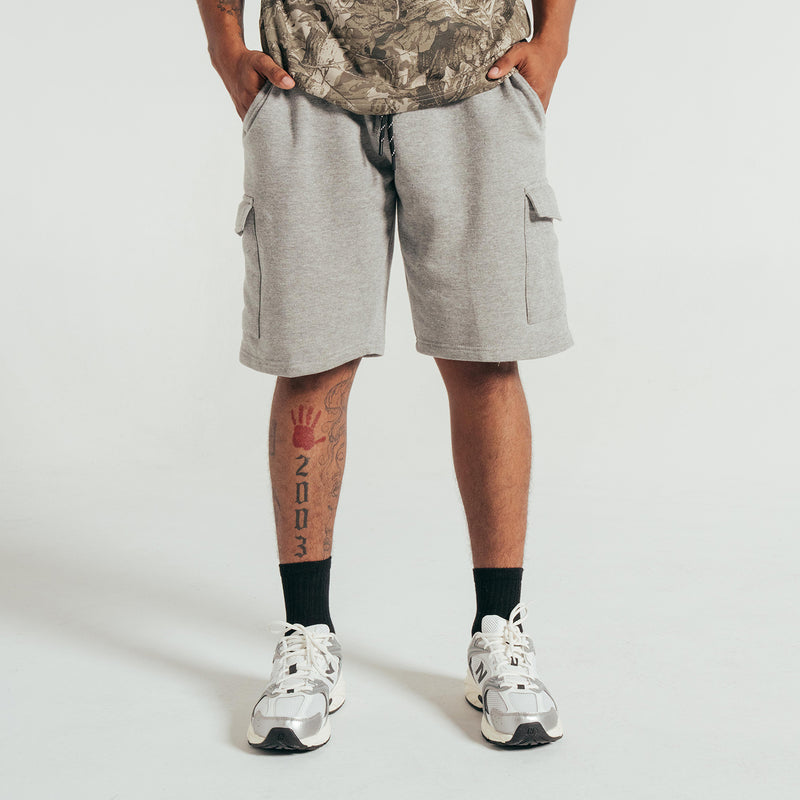 Men's grey fleece cargo shorts with side cargo pockets and drawstring waist