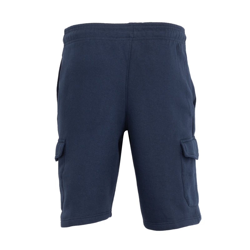 Men's dark navy fleece cargo shorts with elastic waistband and cargo flap pockets