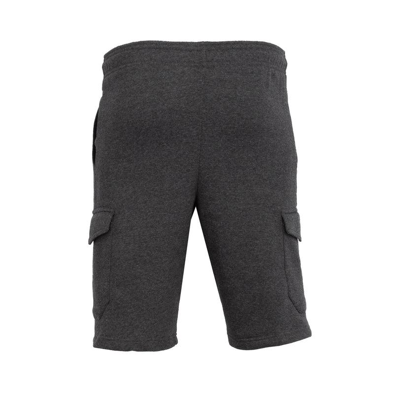 Men's charcoal heather fleece cargo shorts, rear view with side cargo pockets