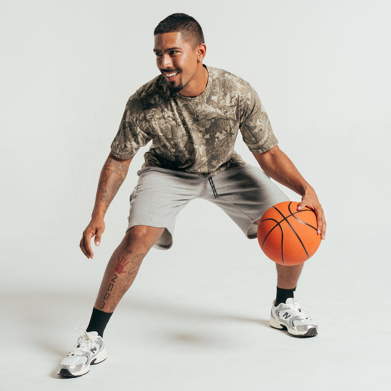 Men's grey fleece cargo shorts, relaxed fit, side cargo pockets