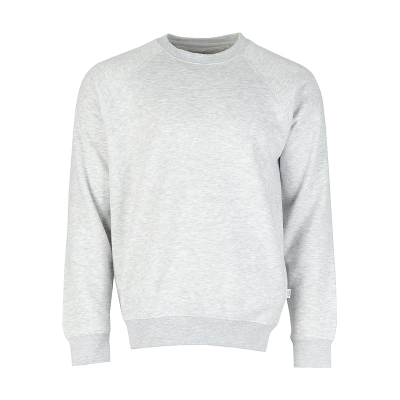 Men's heather grey fleece crewneck sweatshirt, long sleeves, ribbed cuffs and hem
