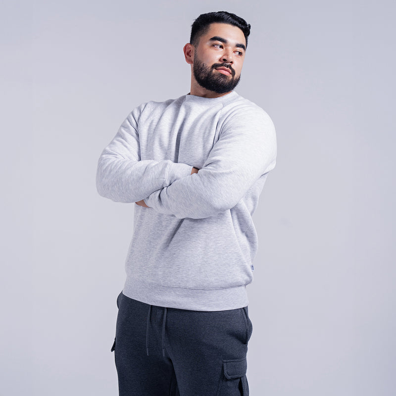 Men's heather grey fleece crewneck sweatshirt, long sleeves, pullover style