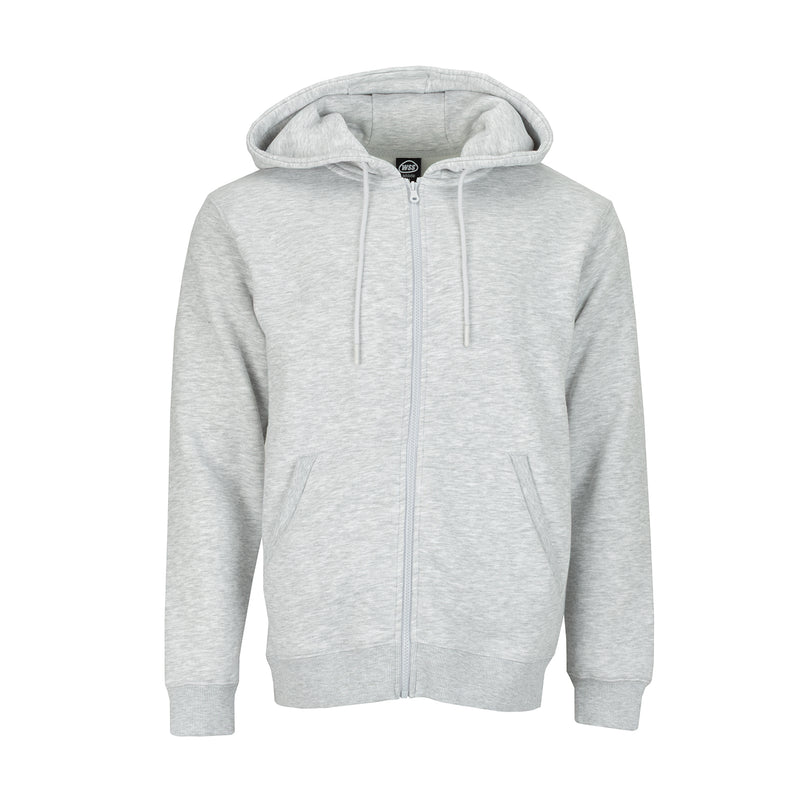 Men's heather grey zip fleece hoodie with hood and drawstrings, front pockets