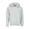 Men's heather grey zip fleece hoodie with hood and drawstrings, front pockets