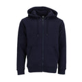 Men's zip-up fleece hoody in dark blue with hood, drawstrings, and full front zip
