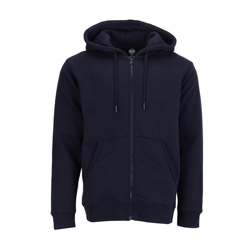 Men's zip-up fleece hoody in dark blue with hood, drawstrings, and full front zip