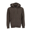 Men's fleece full-zip hoodie in dark brown, with hood and front zip pocket.