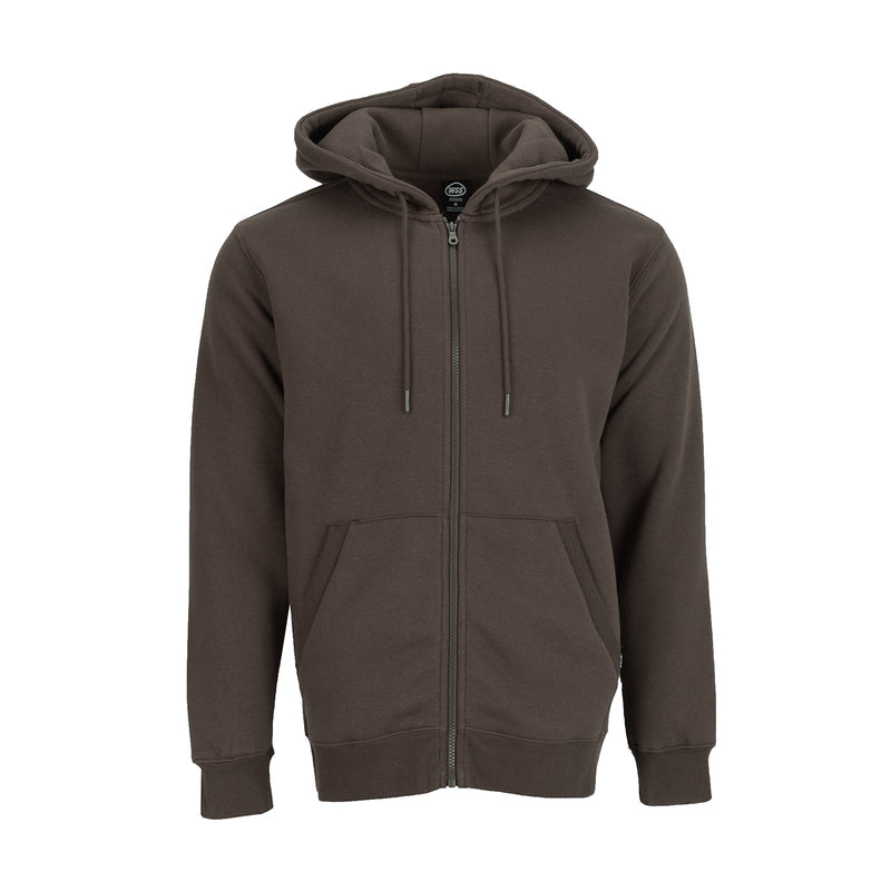 Men's fleece full-zip hoodie in dark brown, with hood and front zip pocket.