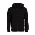 Men's black zip-up fleece hoodie with hood, drawstrings, and front pockets