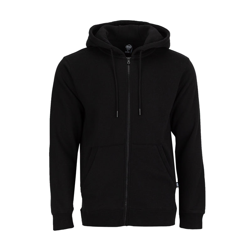 Men's black zip-up fleece hoodie with hood, drawstrings, and front pockets