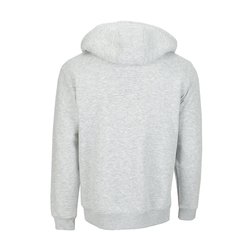Men's heather grey zip fleece hoodie, back view with hood