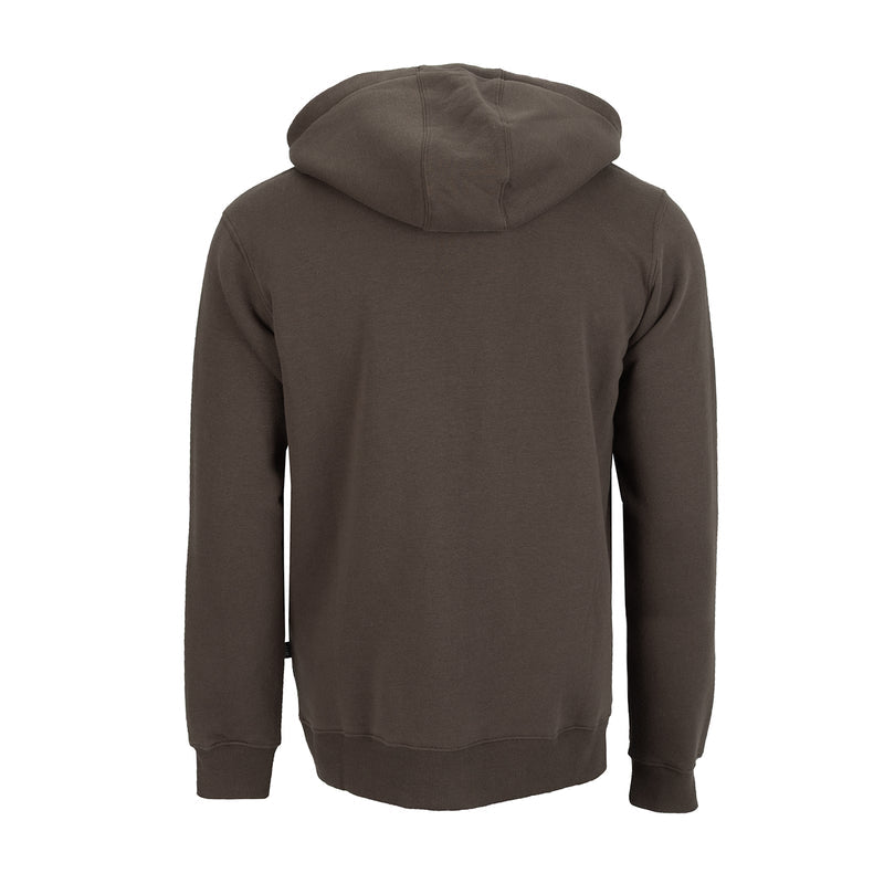 Men's fleece full-zip hoodie back view, dark brown hood with ribbed cuffs.