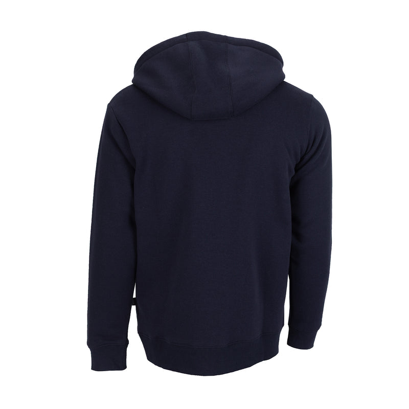 Men's zip-up fleece hoody, dark blue, back view with hood and long sleeves