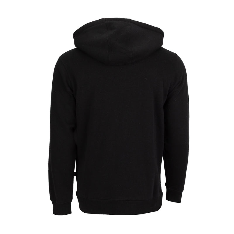 Men's black fleece zip hoodie with hood and cuffs, back view