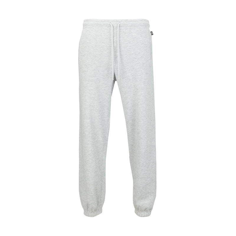 Heather grey men's fleece sweatpants with drawstring waist and ribbed cuffs