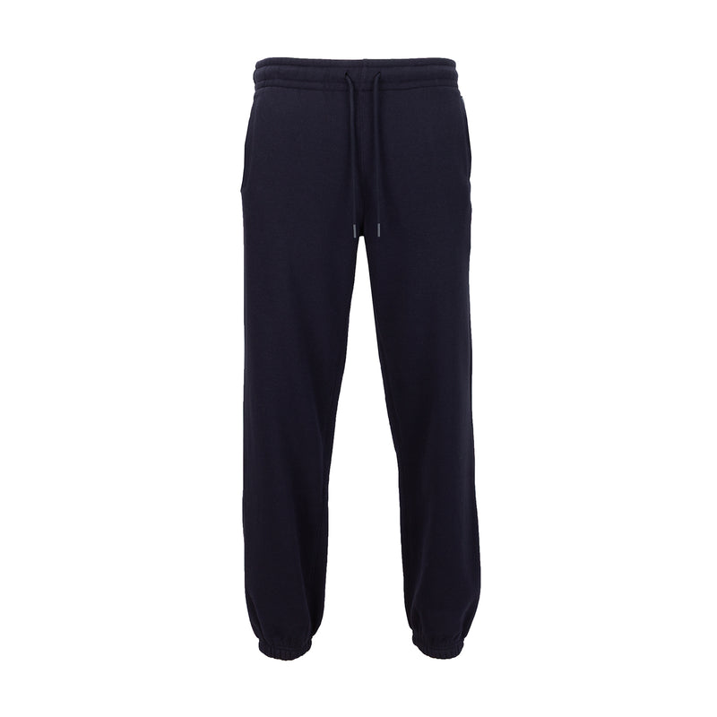 Men's fleece jogger pants in dark blue, elastic waist and drawstring, cuffed legs