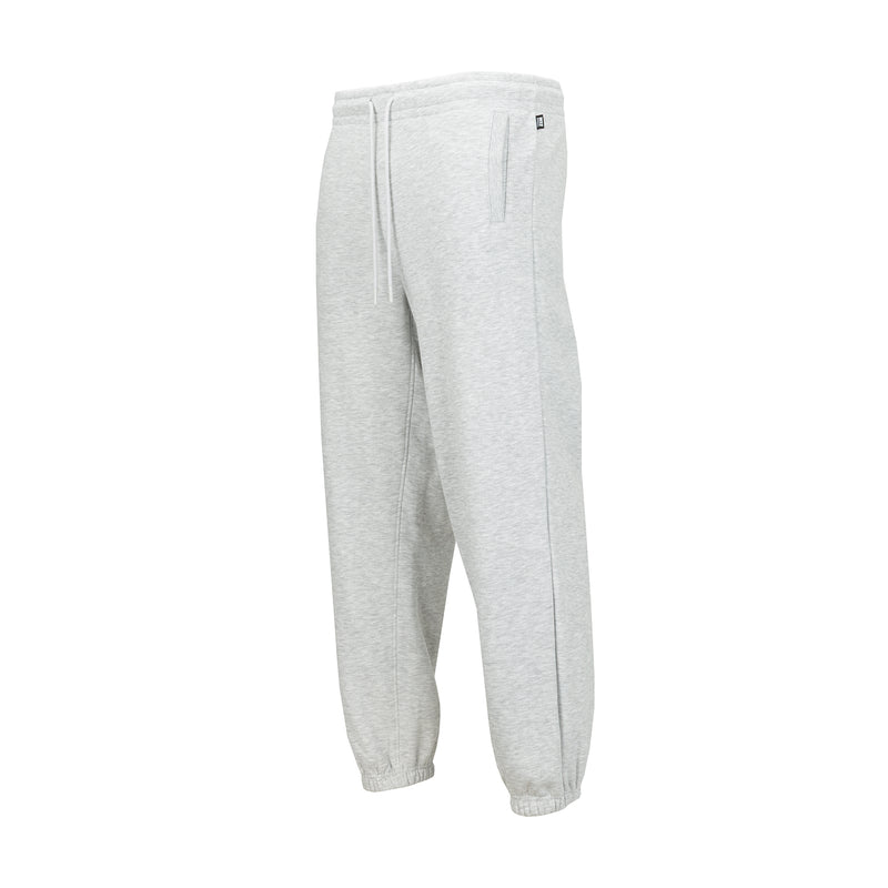 Heather grey men's fleece sweatpants, back view with drawstring waist and ribbed cuffs