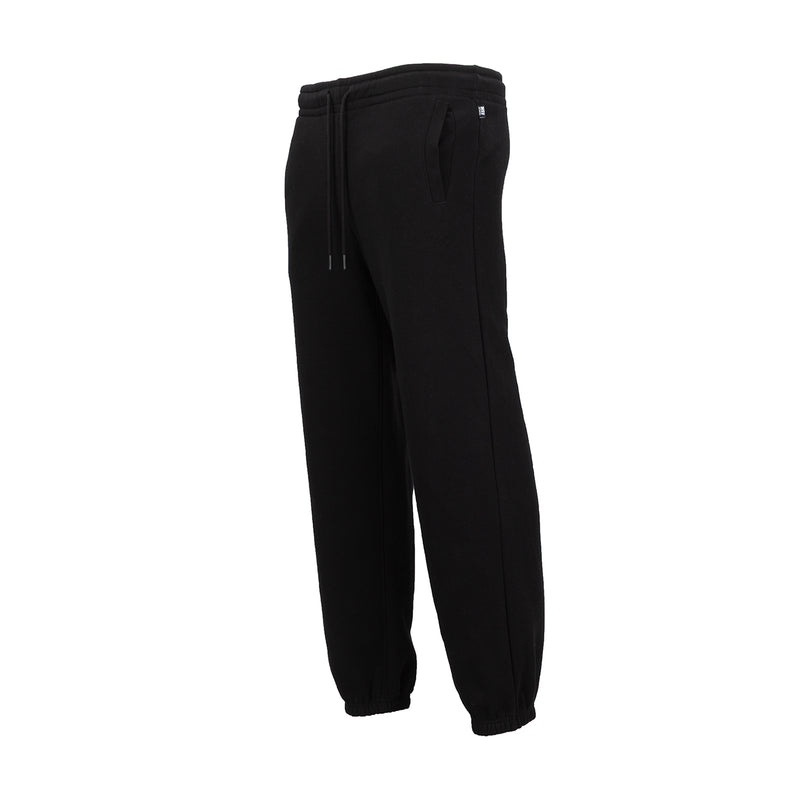 Men's black fleece jogger pants with side zipper pocket and tapered leg