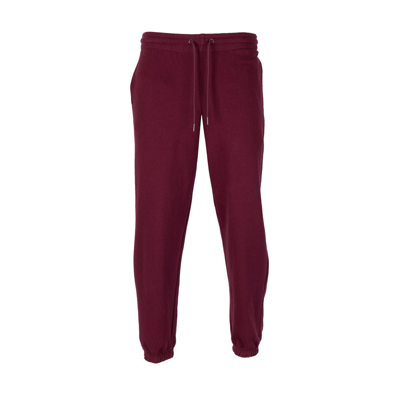 Men's fleece sweatpants in dark cherry, drawstring waist, tapered legs, elastic cuffs