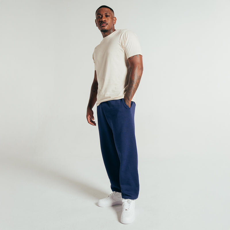 Men's medieval blue fleece sweatpants, relaxed fit with ribbed cuffs
