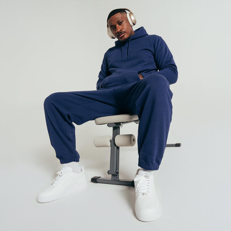 Men's medieval blue fleece sweatpants with side pockets and ribbed ankle cuffs