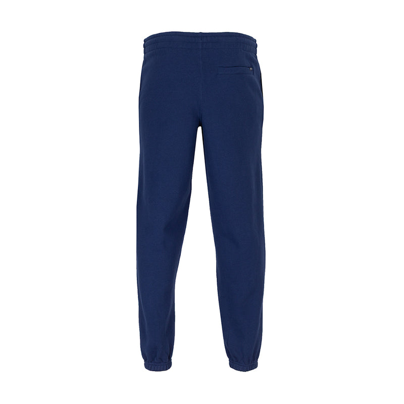Men's medieval blue fleece sweatpants, back view with tapered legs and ribbed cuffs