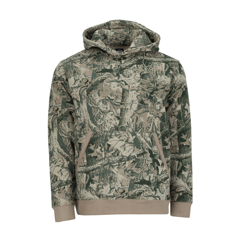 Men's bark camo fleece pullover hoody, front with kangaroo pocket