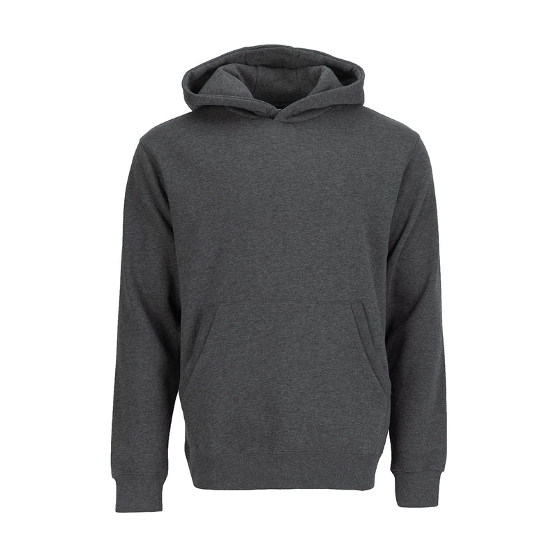 Men's pullover fleece hoodie, charcoal heather gray, front hood and kangaroo pocket