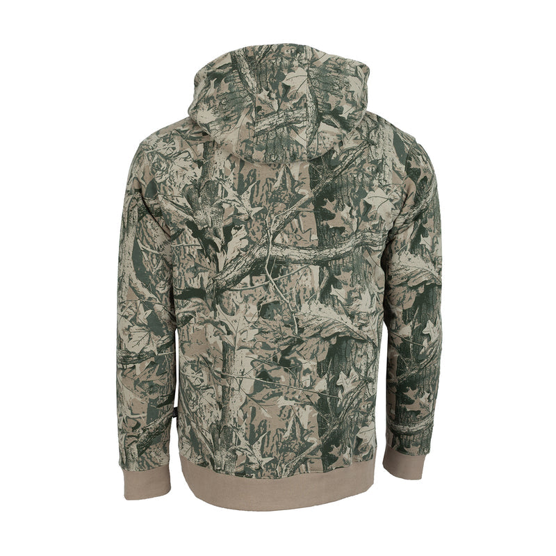 Men's bark camo fleece pullover hoody, back view with hood
