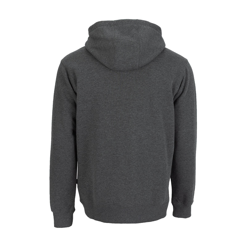 Men's pullover fleece hoodie, charcoal heather gray, back view with hood