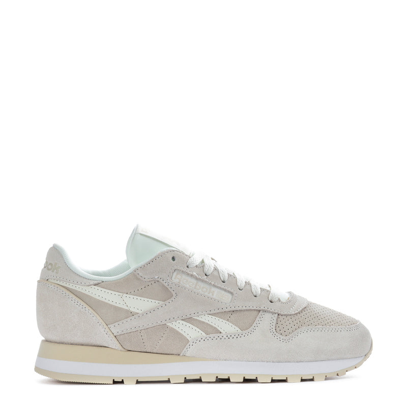 Mens leather sneakers in light beige with white laces and mint heel lining