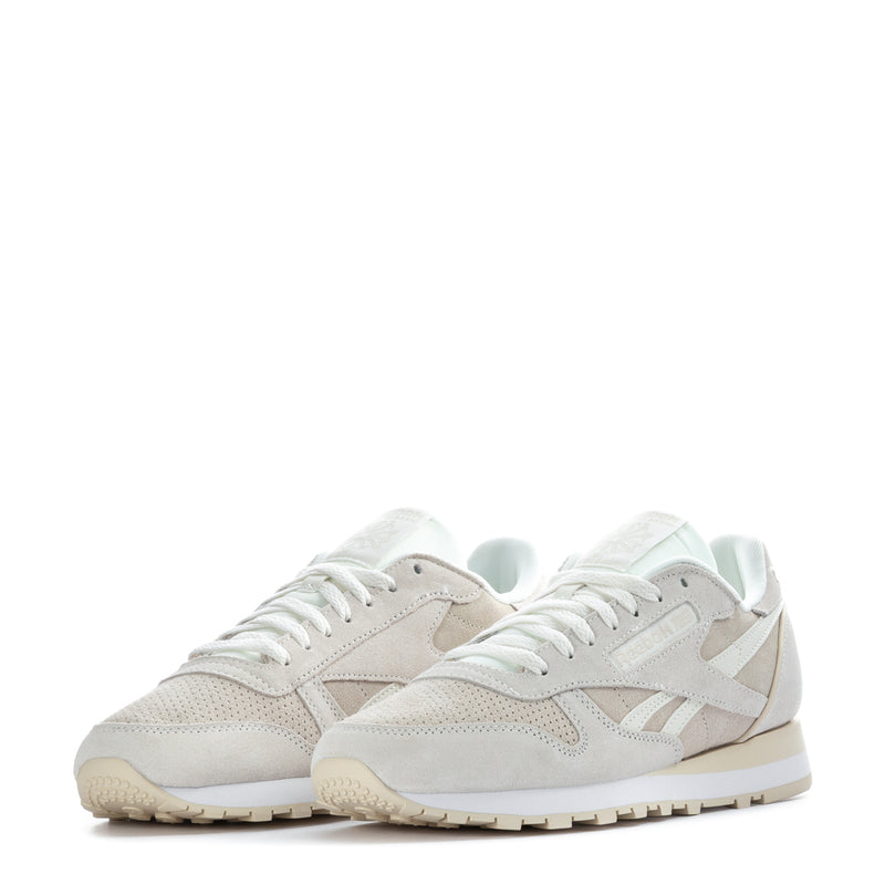 Mens leather sneakers pair, front view, light beige uppers with white laces and mint details