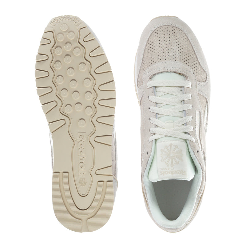 Mens leather sneakers: rubber outsole and inner view, light beige with mint lining
