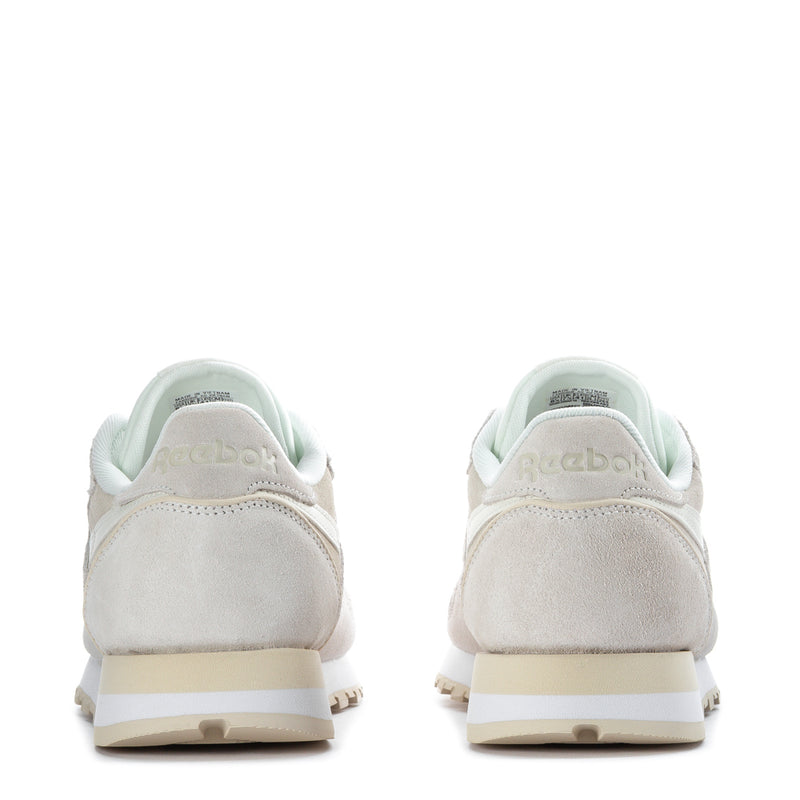 Mens leather sneakers, back view, light beige with white laces and mint collar lining