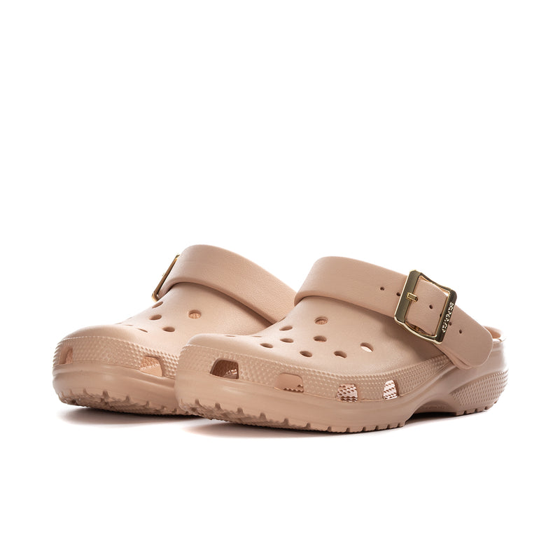 Blush women's clog, side view with adjustable buckle strap and vented upper