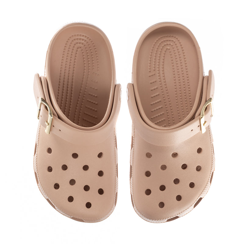 Pair of blush clogs showing cushioned footbeds and circular vent holes