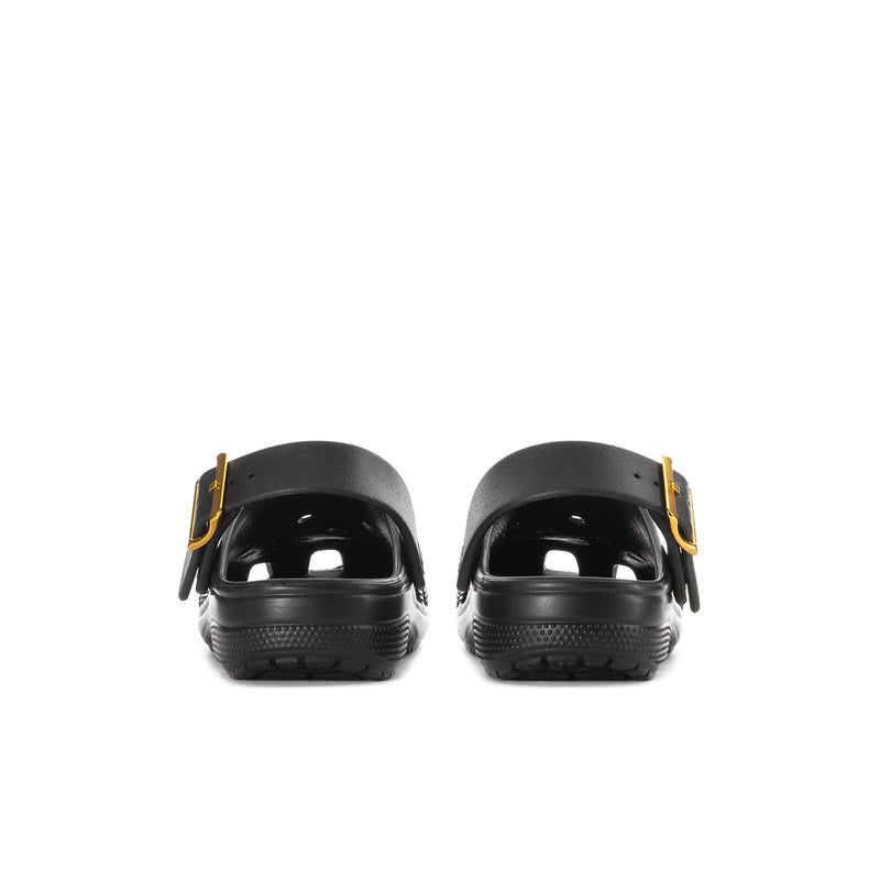 Women's black metallic buckle clog with back strap and gold-tone hardware