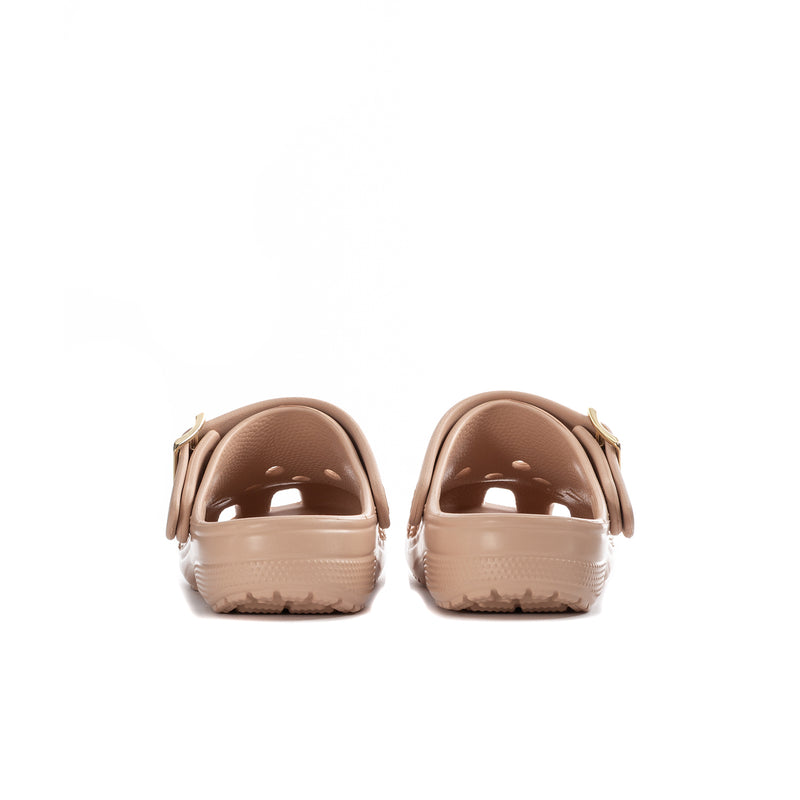 Blush women's clogs from heel view with adjustable buckle strap and smooth back