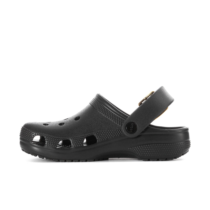 Black women's clog with metallic buckle strap and perforated upper